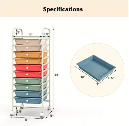 10 Drawer Rolling Storage Cart Organizer with Locking Wheels R759