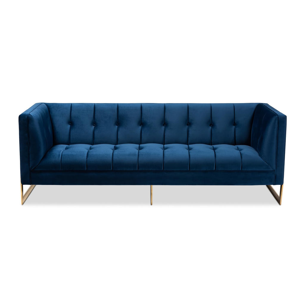 Navy Blue Velvet Button Tufted Gold Sofa D9450