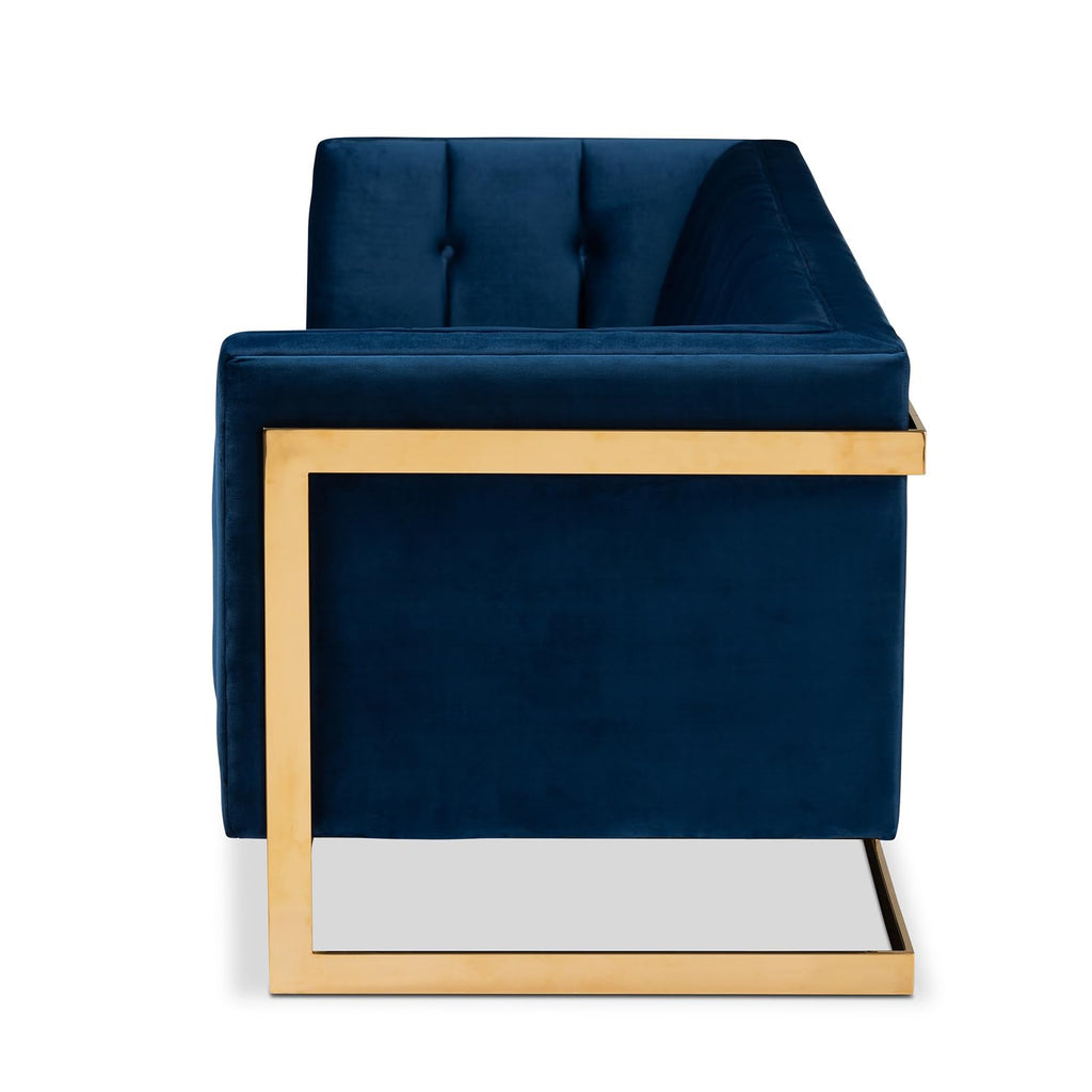 Navy Blue Velvet Button Tufted Gold Sofa D9450