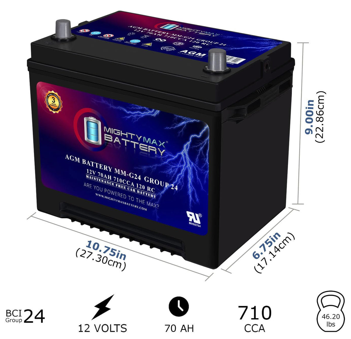 12V 70Ah 710 CCA Group Size 24 Replacement Battery R48353