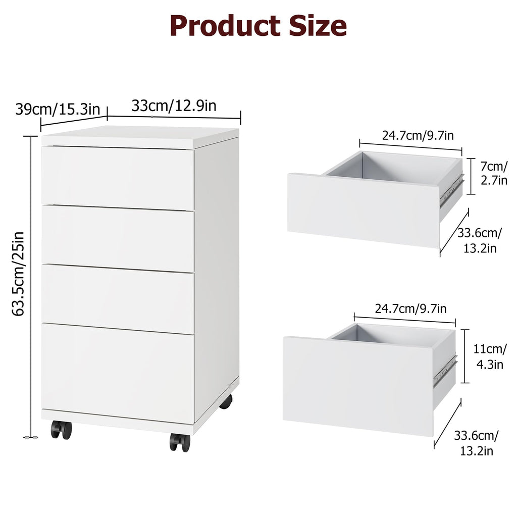 White 4 Drawer Wood Storage Cabinet with Wheels C15715