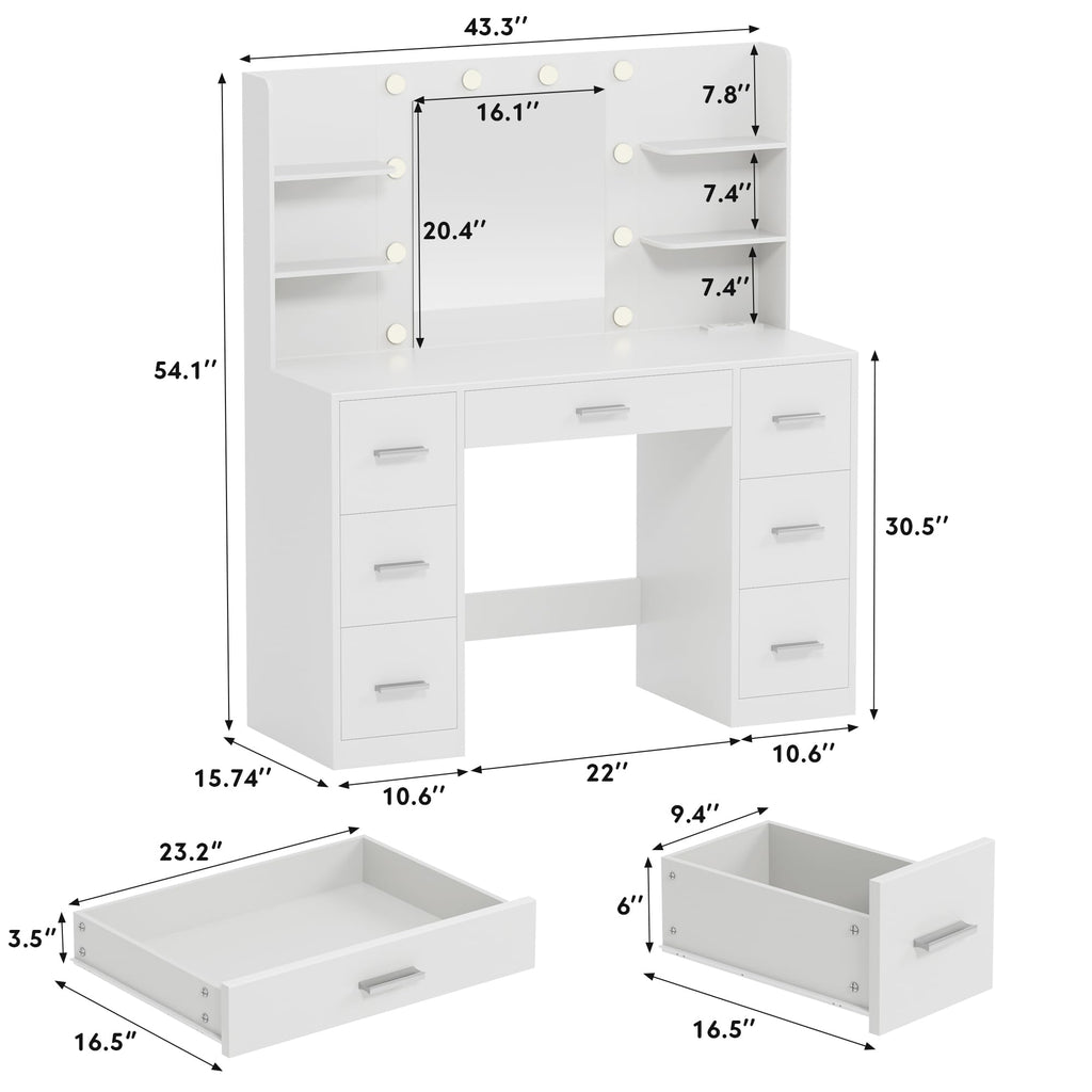 White Vanity Desk with Lighted Mirror and 7 Drawers B928317