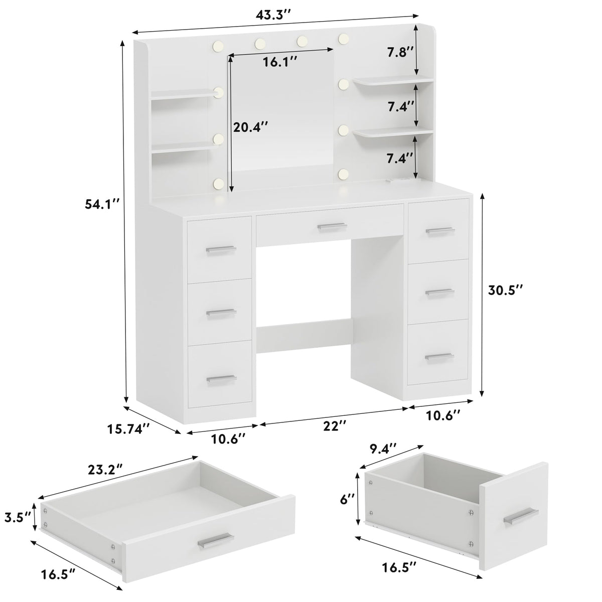 White Vanity Desk with Lighted Mirror and 7 Drawers B928317