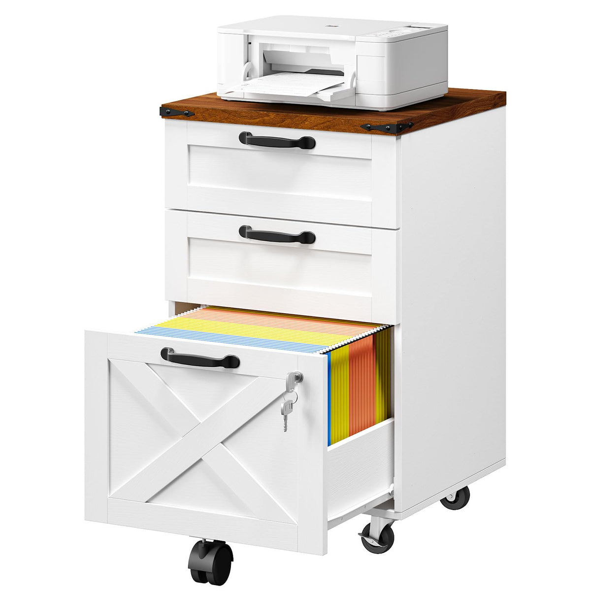 3 Drawer File Cabinet with Lock, Mobile Rolling Office Cabinet, White and Walnut S834046