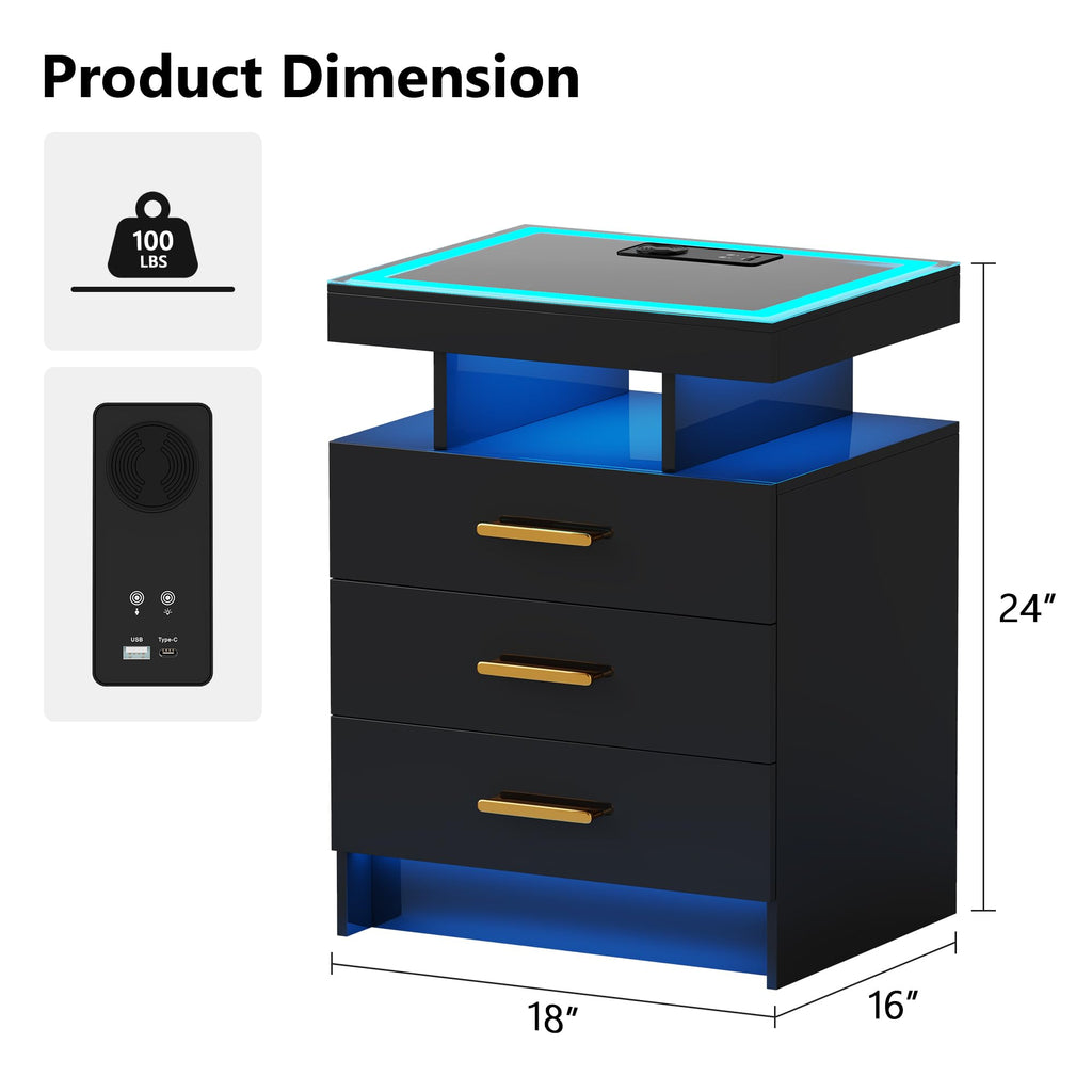 Black 3 Drawer LED Nightstand with Charging Station S8403