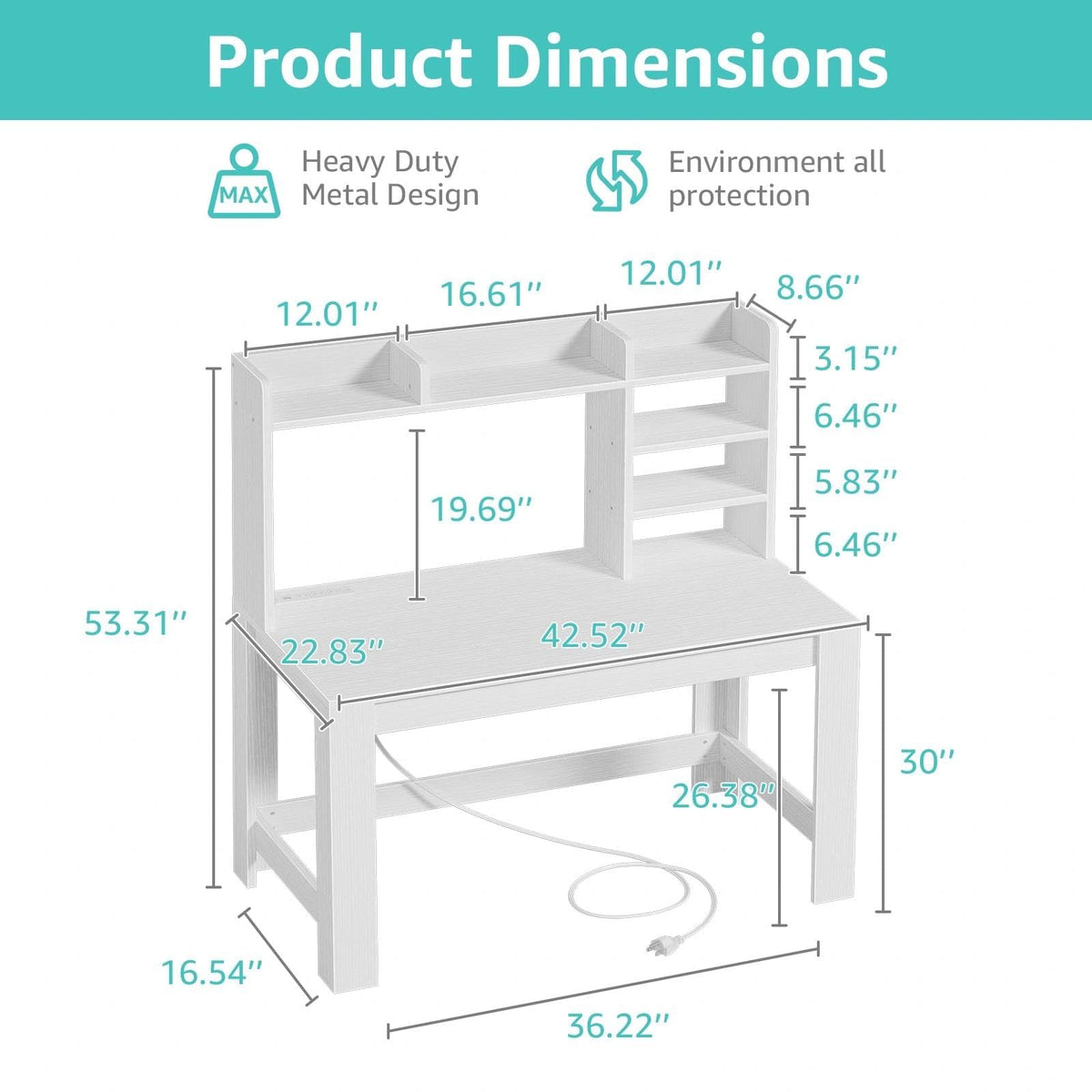 White Student Desk with Hutch and Built-in Power Outlet G672