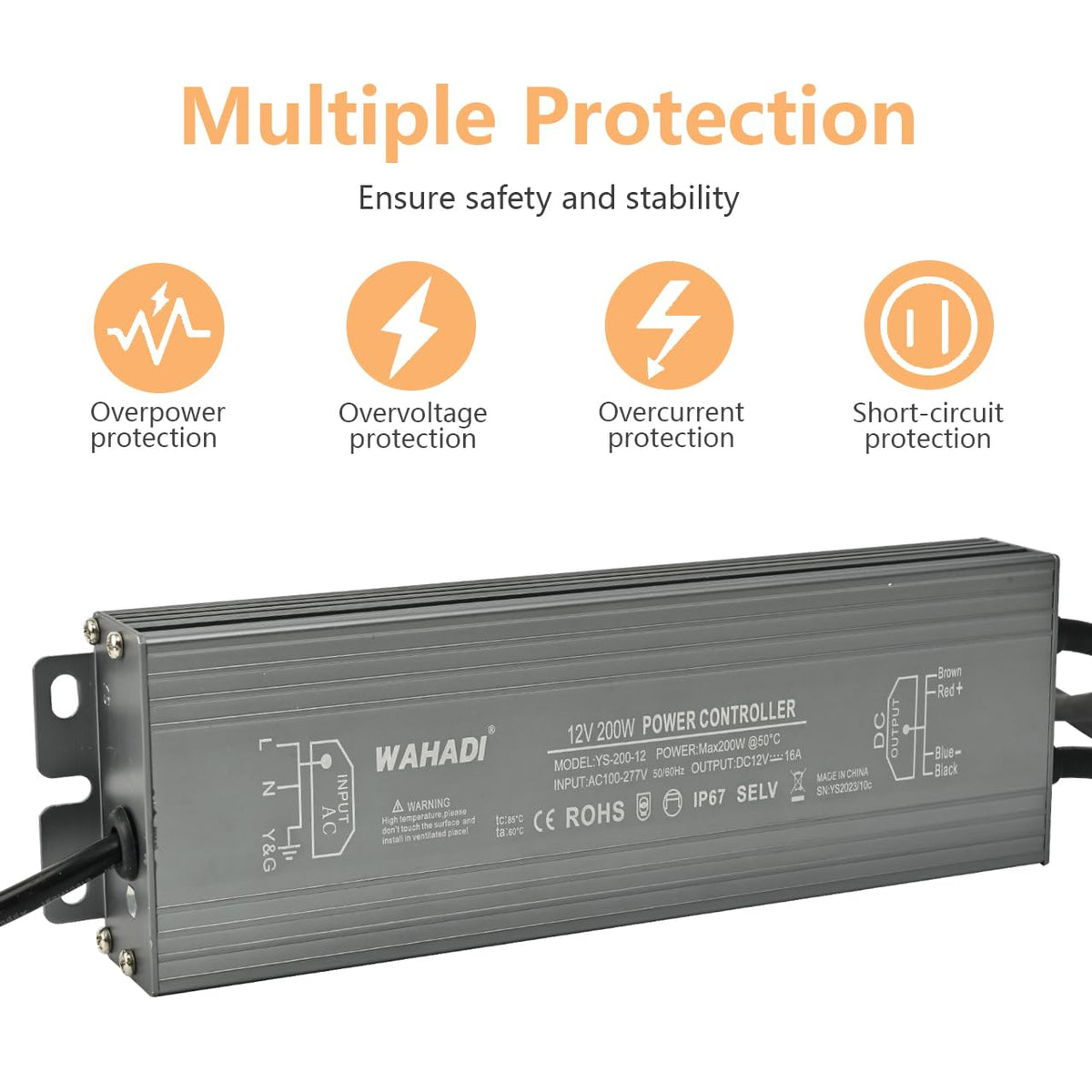 200W Waterproof LED Power Supply 100-277V AC to 12V DC Transformer E76890