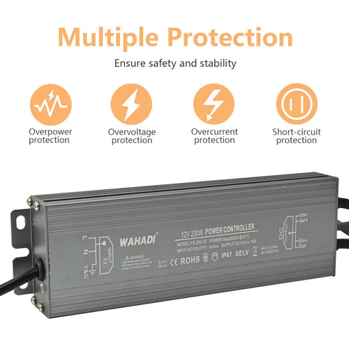 200W Waterproof LED Power Supply 100-277V AC to 12V DC Transformer E76890