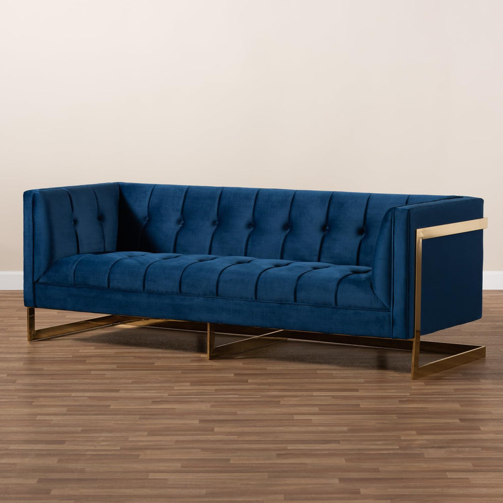 Navy Blue Velvet Button Tufted Gold Sofa D9450