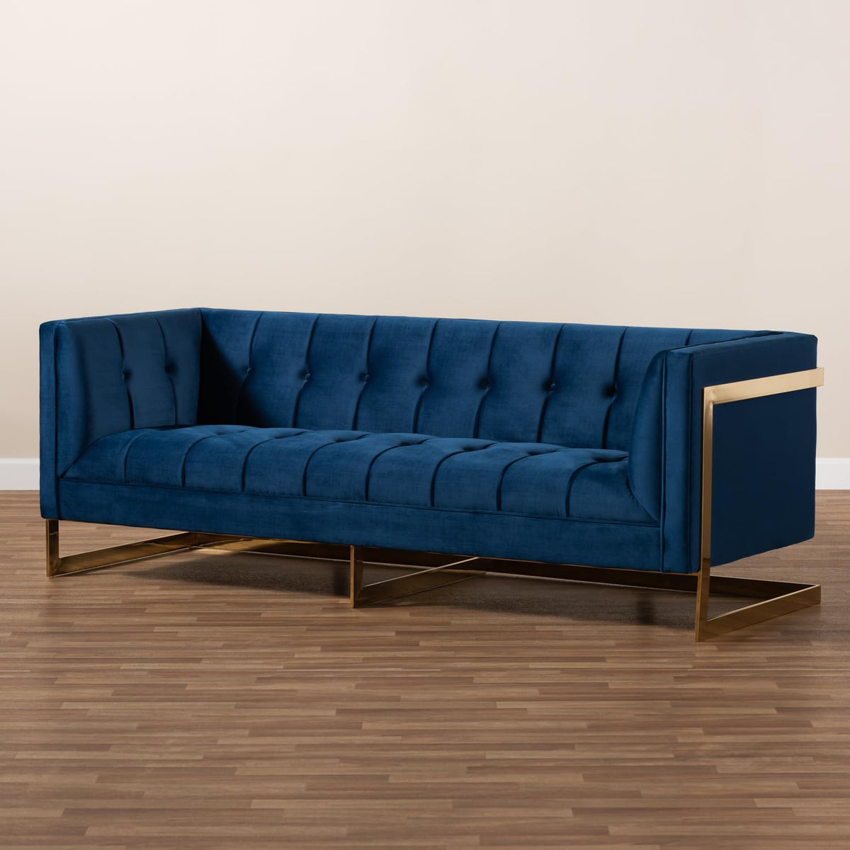 Navy Blue Velvet Button Tufted Gold Sofa D9450