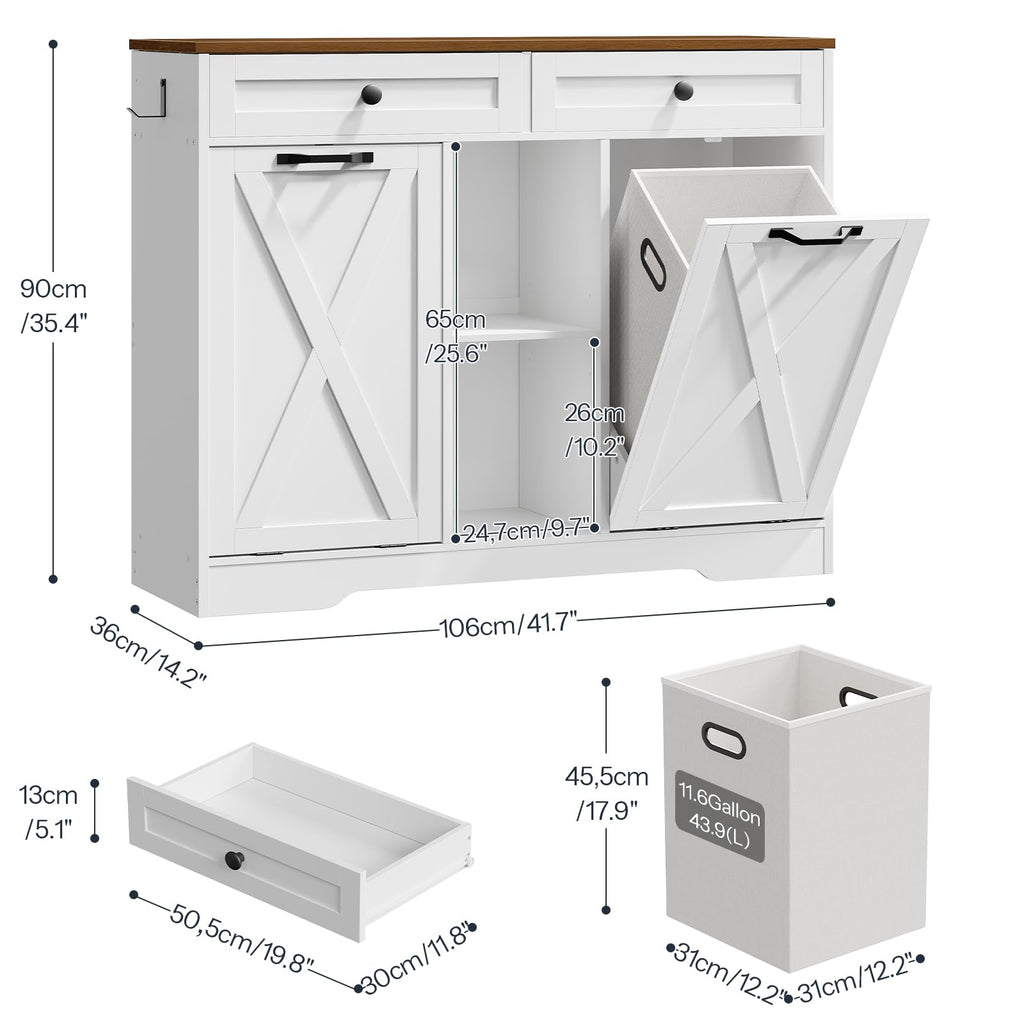 White and Walnut 23 Gallon Laundry Hamper Cabinet with 2 Drawers P19198