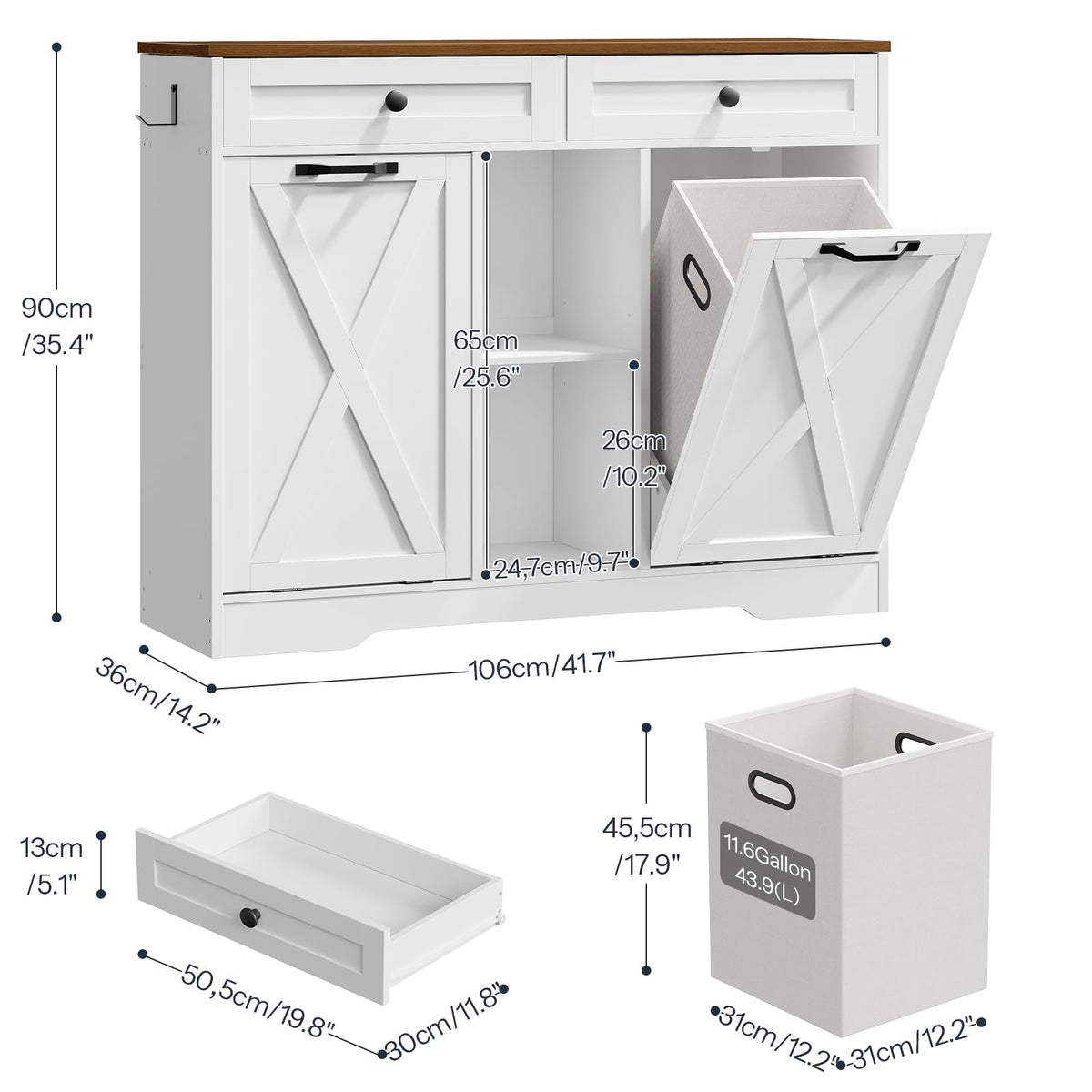 White and Walnut 23 Gallon Laundry Hamper Cabinet with 2 Drawers P19198