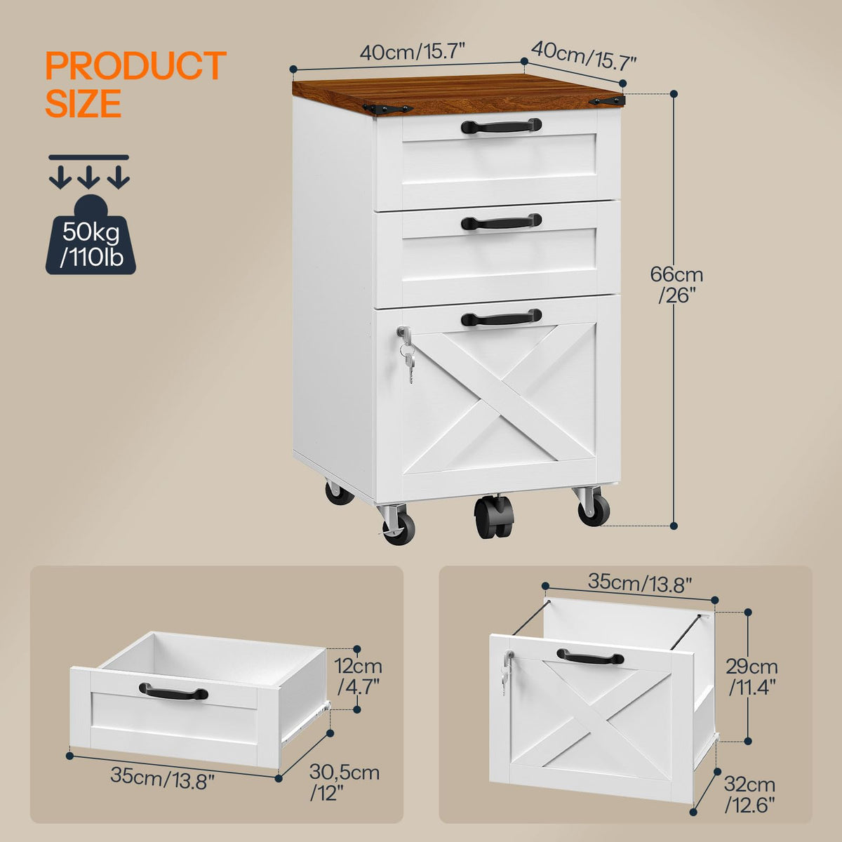 3 Drawer File Cabinet with Lock, Mobile Rolling Office Cabinet, White and Walnut S834046