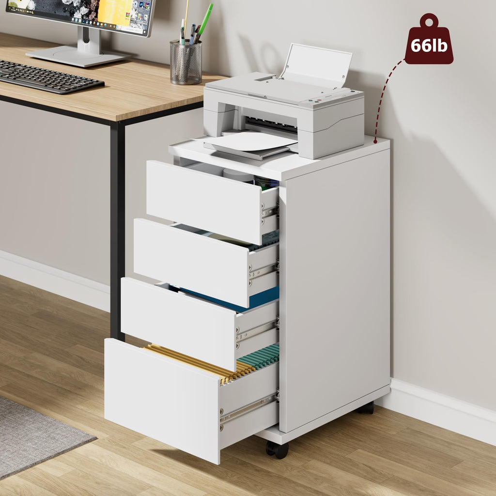 White 4 Drawer Wood Storage Cabinet with Wheels C15715