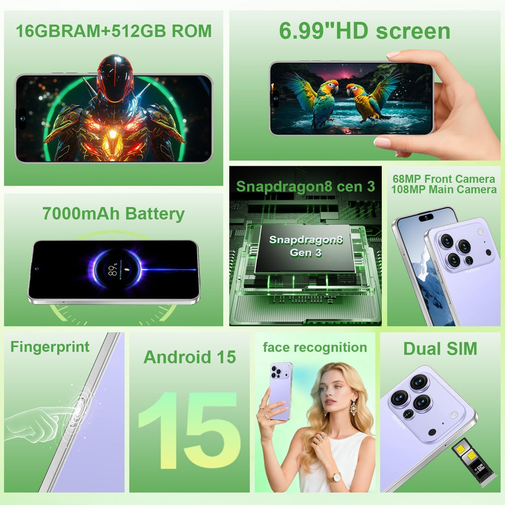 Unlocked Cell Phone 16GB+512GB Smartphone 6.99" HD Screen Android 15 5G 7000mAh (Purple) Y43535