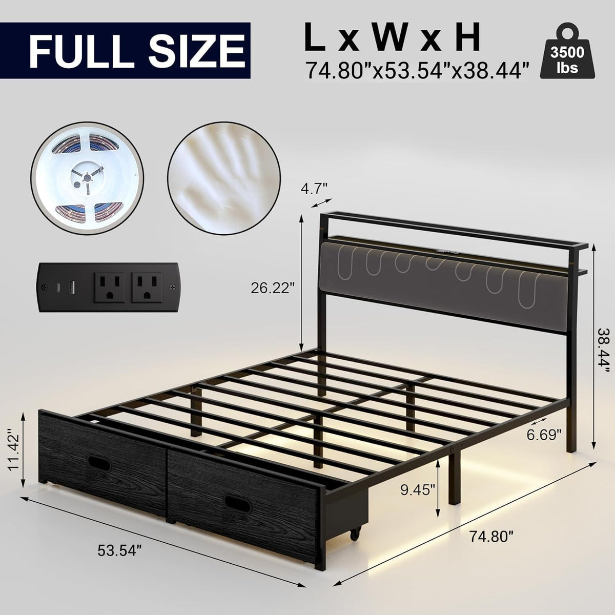 Full Bed Frame with 2 Drawers, LED Lights and Charging Station W918337
