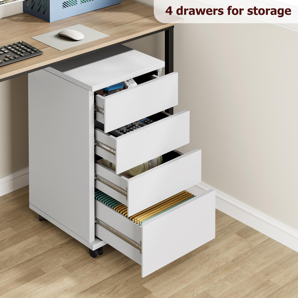 White 4 Drawer Wood Storage Cabinet with Wheels C15715