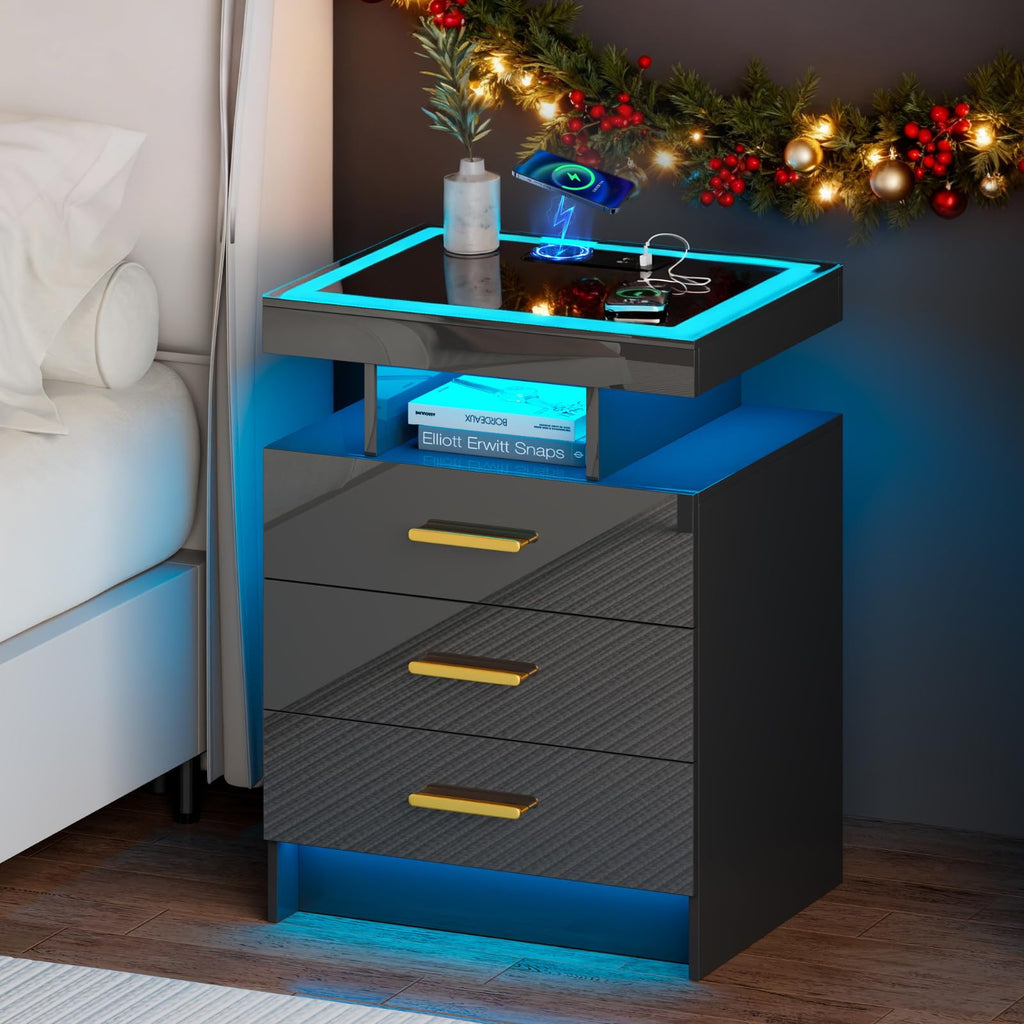 Black 3 Drawer LED Nightstand with Charging Station S8403