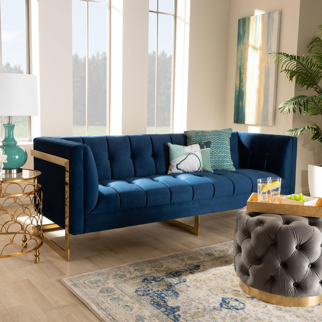 Navy Blue Velvet Button Tufted Gold Sofa D9450
