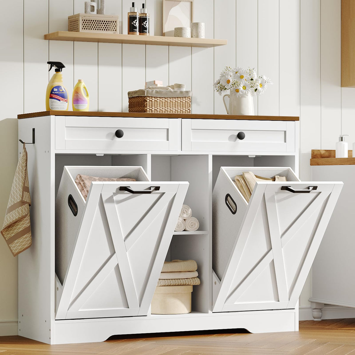 White and Walnut 23 Gallon Laundry Hamper Cabinet with 2 Drawers P19198