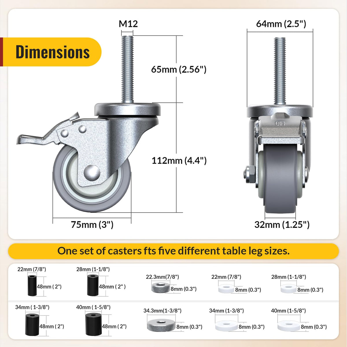 3 Inch Expanding Stem Locking Swivel Casters Set of 4 T7697