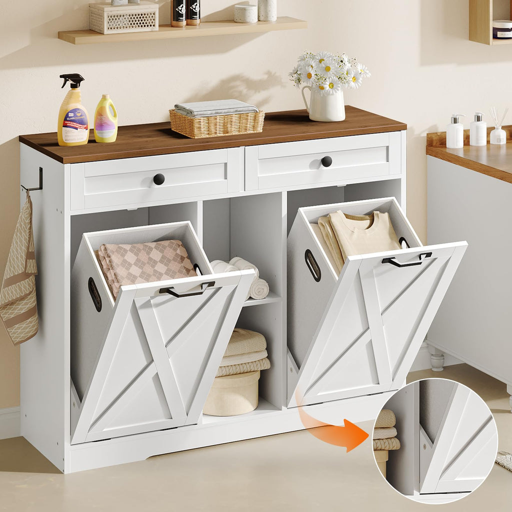 White and Walnut 23 Gallon Laundry Hamper Cabinet with 2 Drawers P19198