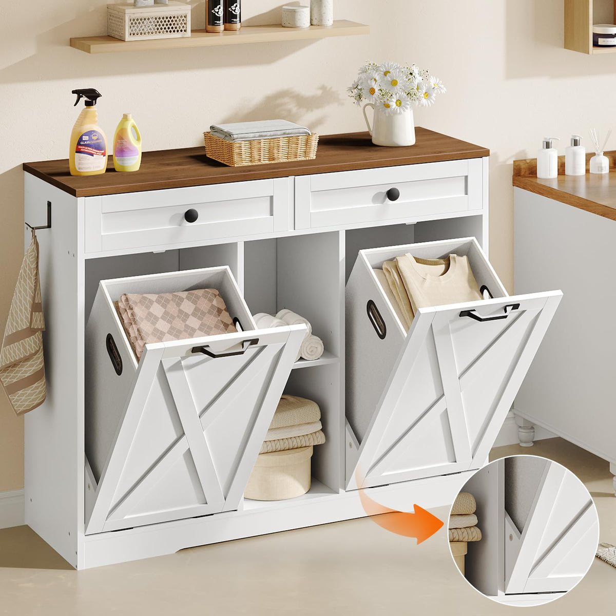 White and Walnut 23 Gallon Laundry Hamper Cabinet with 2 Drawers P19198