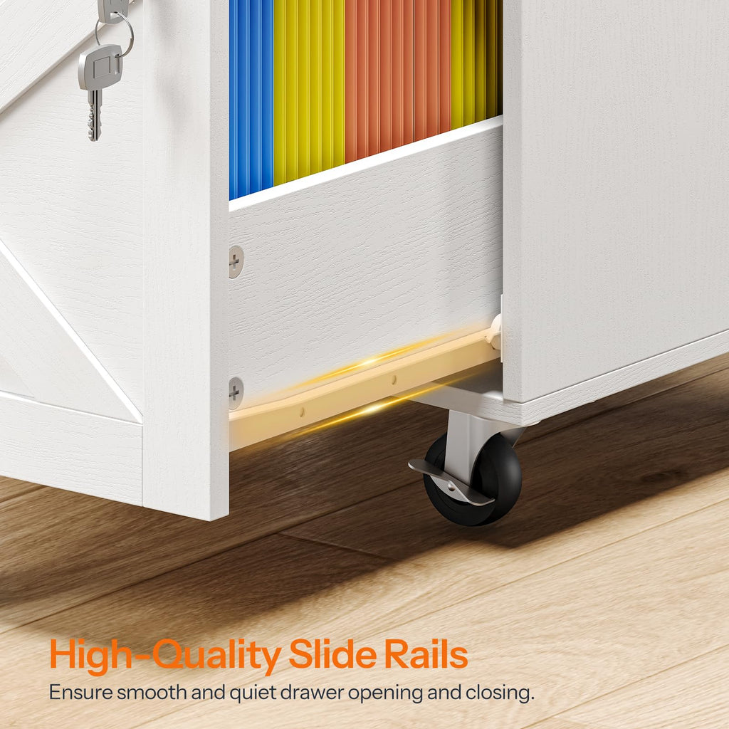 3 Drawer File Cabinet with Lock, Mobile Rolling Office Cabinet, White and Walnut S834046