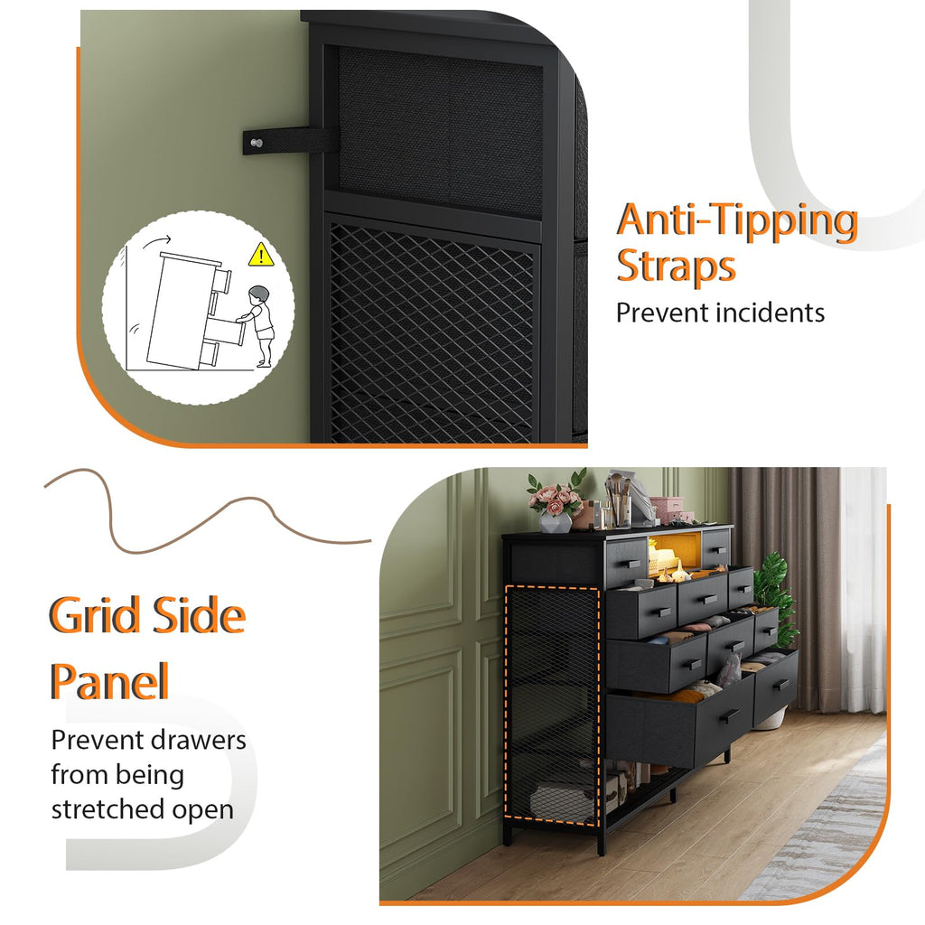 Black 10 Drawer Dresser with Charging Station and LED Light F808180