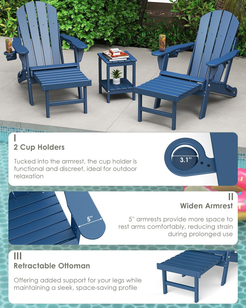 Adjustable Adirondack Chairs with Ottoman Set of 2 Blue G623395