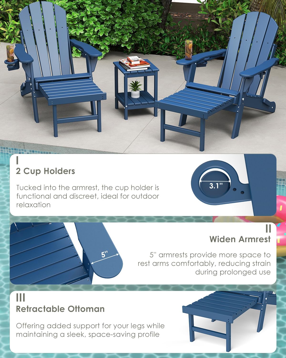 Adjustable Adirondack Chairs with Ottoman Set of 2 Blue G623395