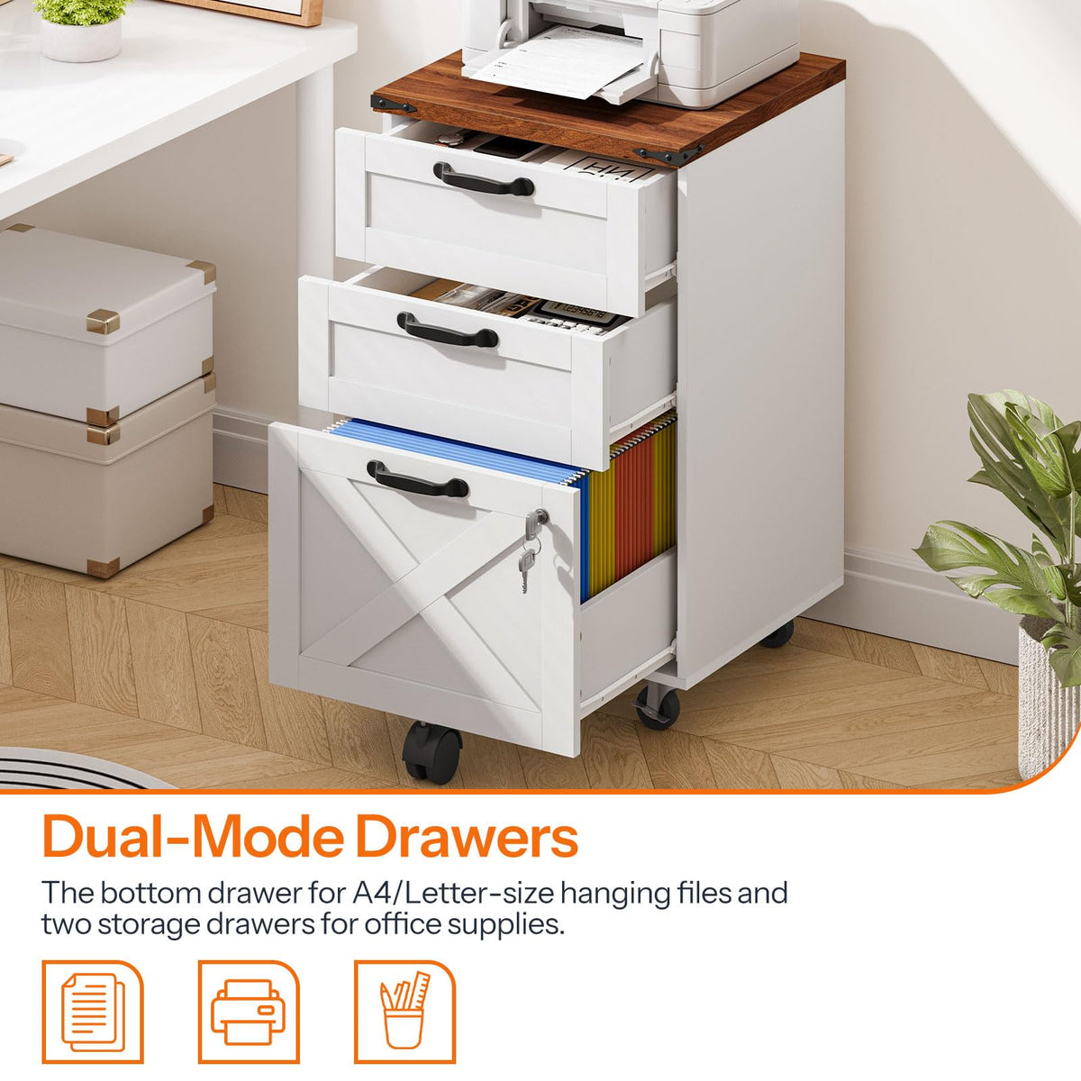3 Drawer File Cabinet with Lock, Mobile Rolling Office Cabinet, White and Walnut S834046