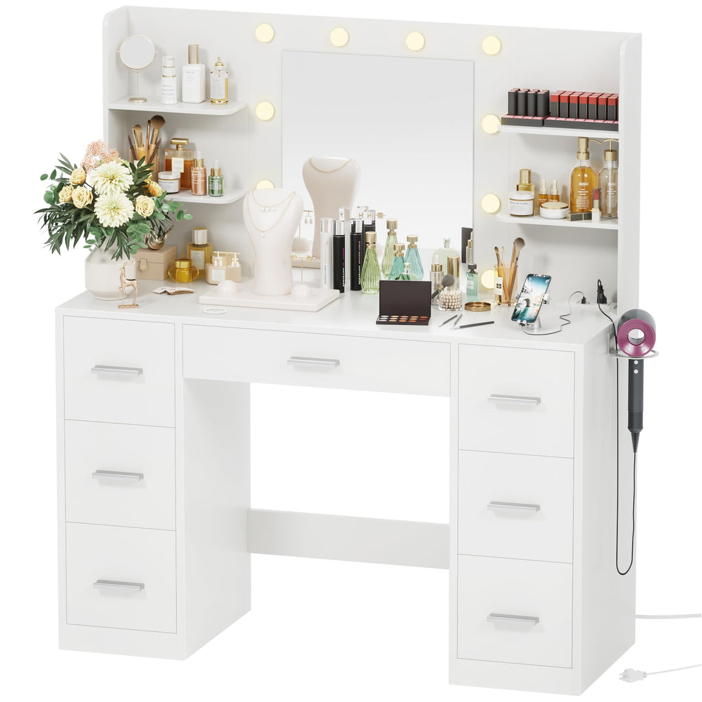White Vanity Desk with Lighted Mirror and 7 Drawers B928317