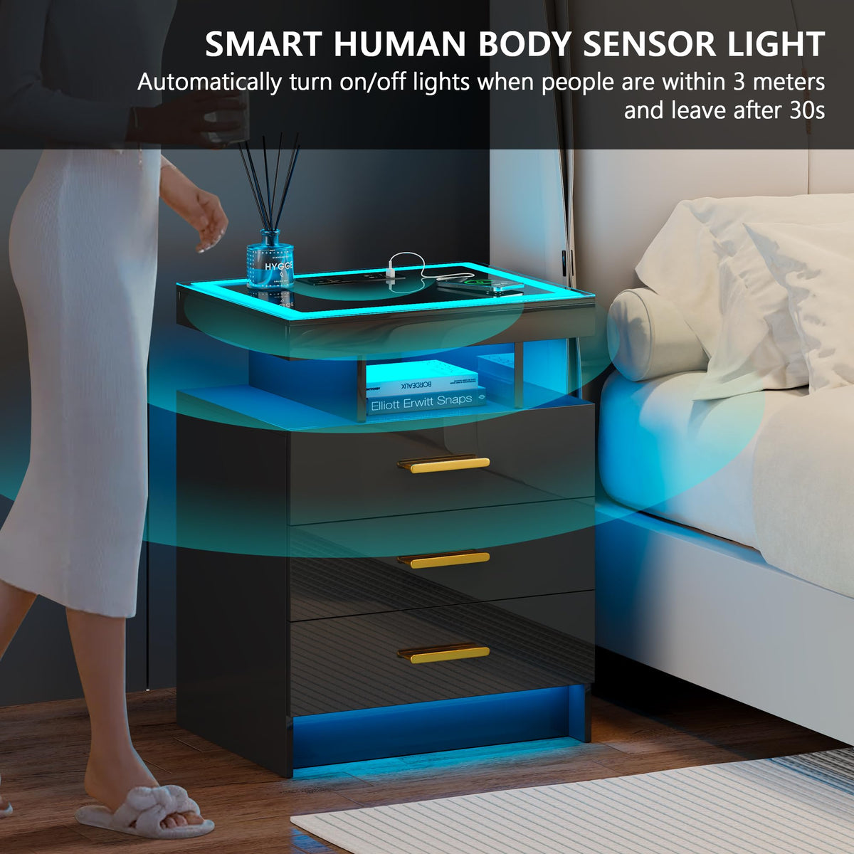 Black 3 Drawer LED Nightstand with Charging Station S8403