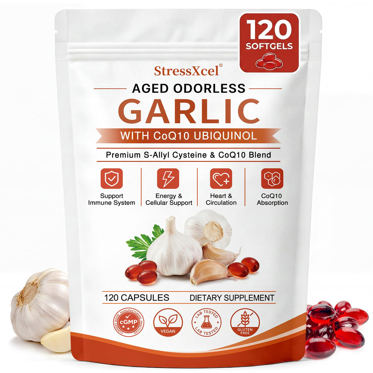 Odorless Garlic Extract Softgels with CoQ10 Ubiquinol and Vitamin K2 120 Softgels J86689