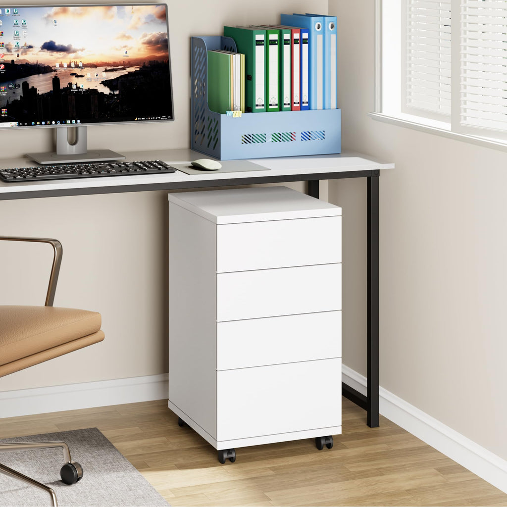 White 4 Drawer Wood Storage Cabinet with Wheels C15715