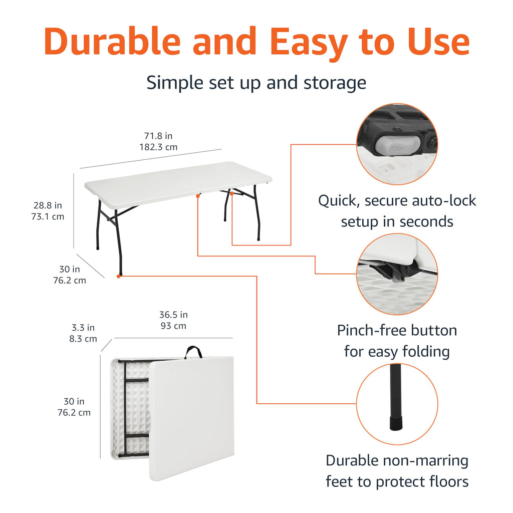 Heavy Duty Portable Folding Table, 6 ft, White J33909