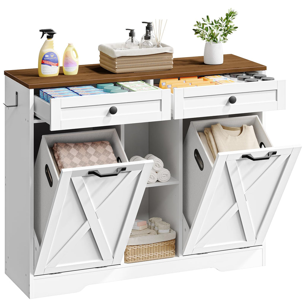 White and Walnut 23 Gallon Laundry Hamper Cabinet with 2 Drawers P19198