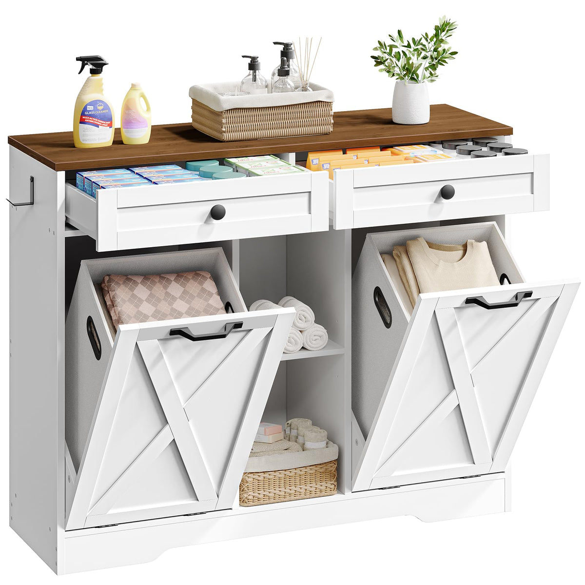 White and Walnut 23 Gallon Laundry Hamper Cabinet with 2 Drawers P19198