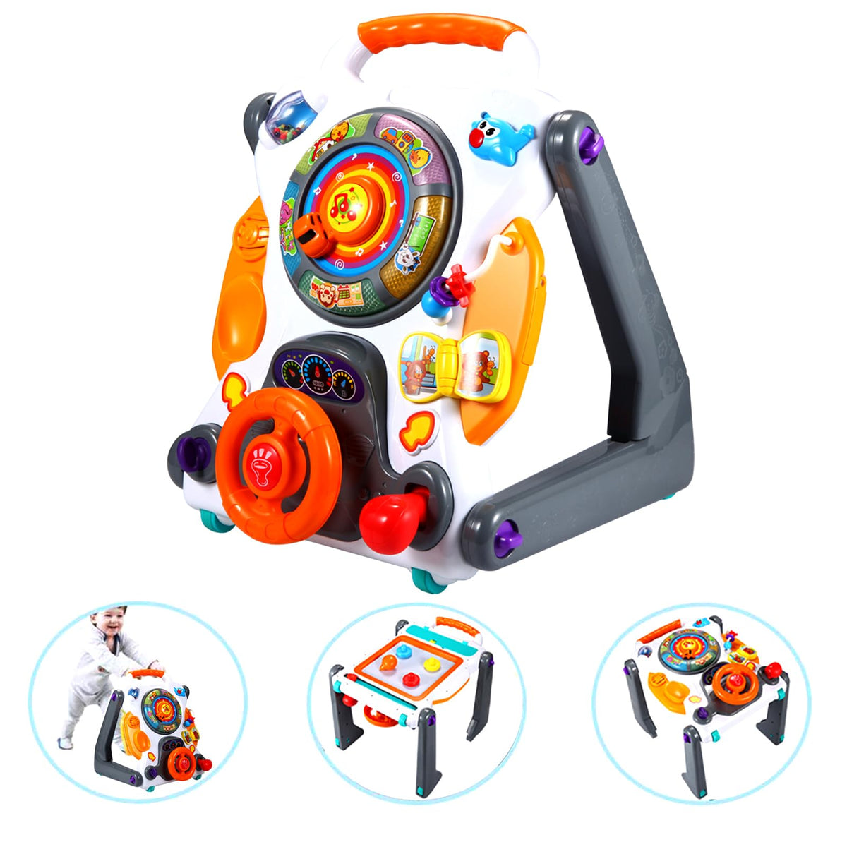 3-in-1 Sit-to-Stand Baby Walker Learning Walker Entertainment Table Drawing Board White/Gray H85859