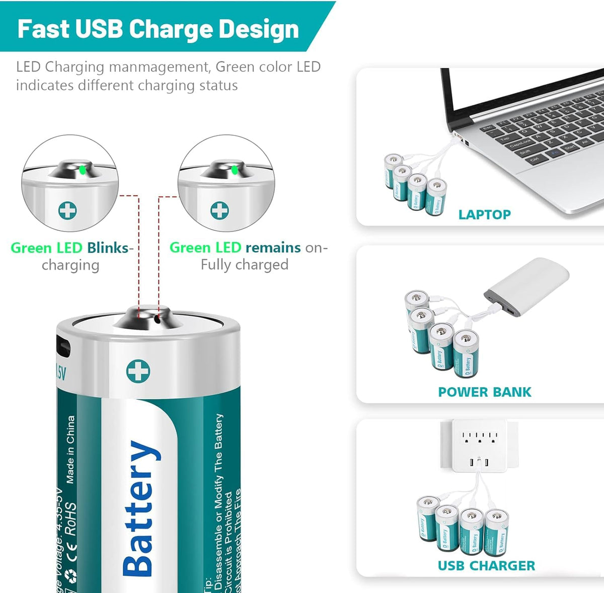 D Size Rechargeable Lithium Batteries with USB-C Charging Cable I7594
