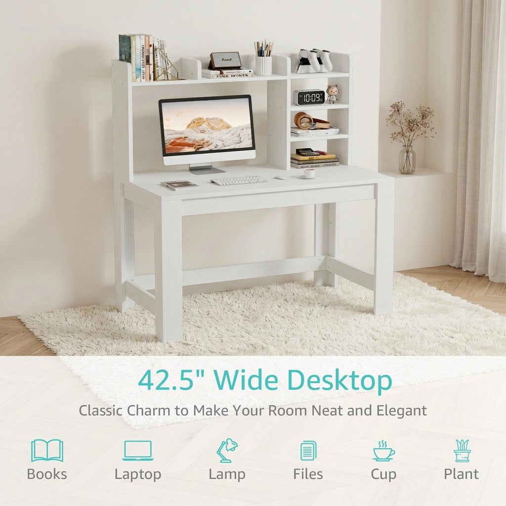 White Student Desk with Hutch and Built-in Power Outlet G672