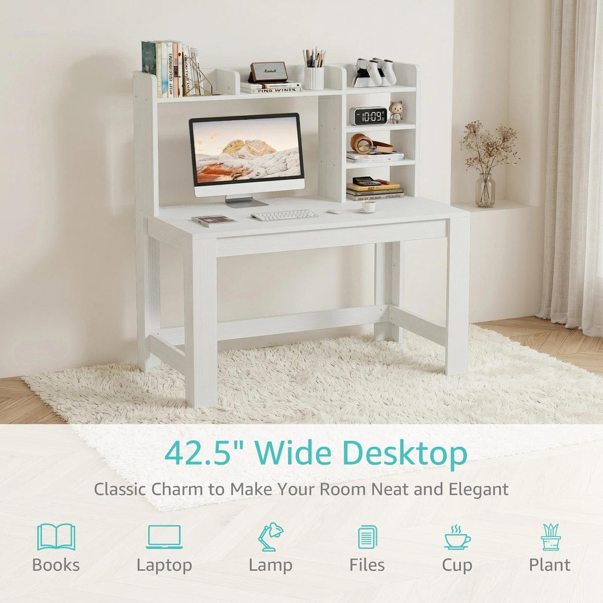 White Student Desk with Hutch and Built-in Power Outlet G672