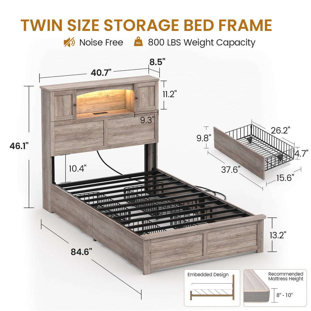 Twin Size Wood Platform Bed Frame with Bookcase Storage Headboard and 4 Drawers D5278