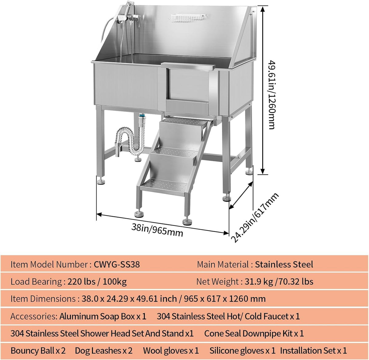 38" Stainless Steel Dog Grooming Tub with Ramp F155