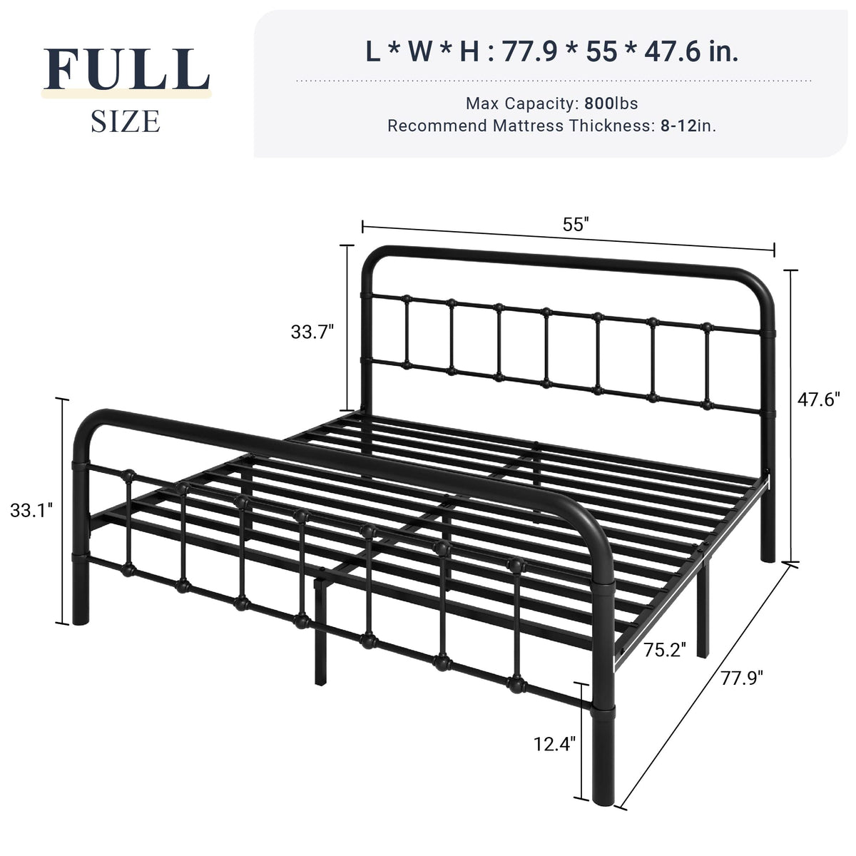 Full Metal Bed Frame with Victorian Iron-Art Headboard, Black L107