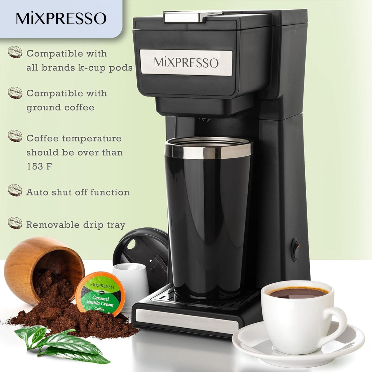 Single Serve Coffee Maker with 14oz Travel Mug & Reusable Filter T419597