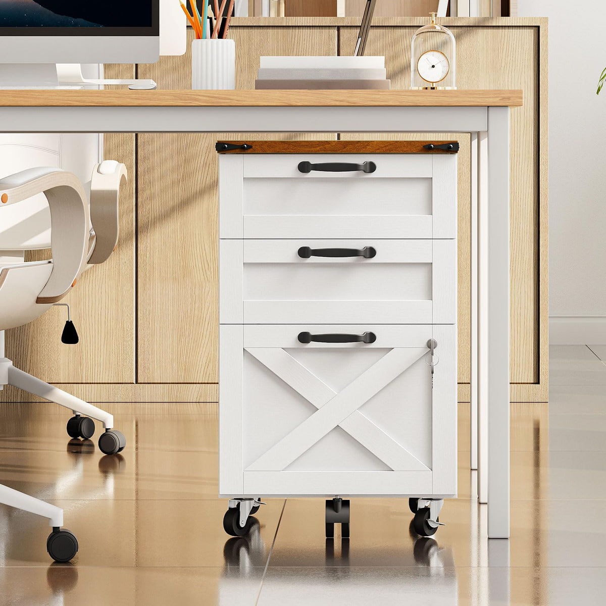 3 Drawer File Cabinet with Lock, Mobile Rolling Office Cabinet, White and Walnut S834046