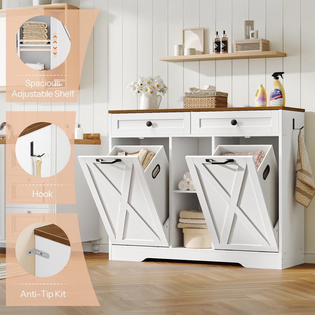 White and Walnut 23 Gallon Laundry Hamper Cabinet with 2 Drawers P19198