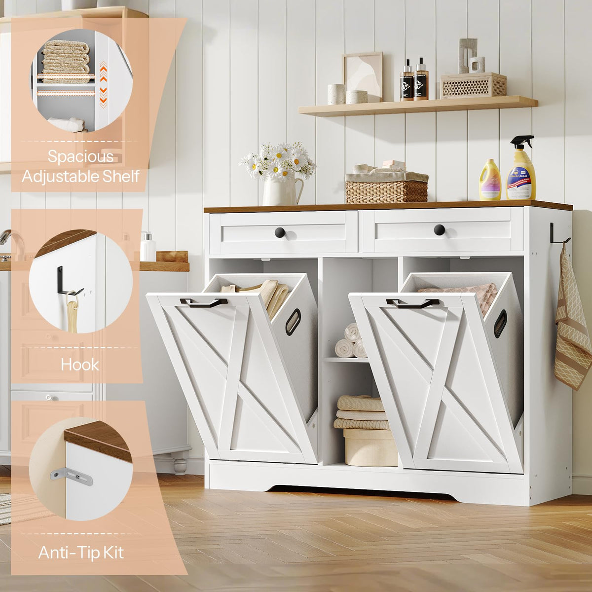 White and Walnut 23 Gallon Laundry Hamper Cabinet with 2 Drawers P19198